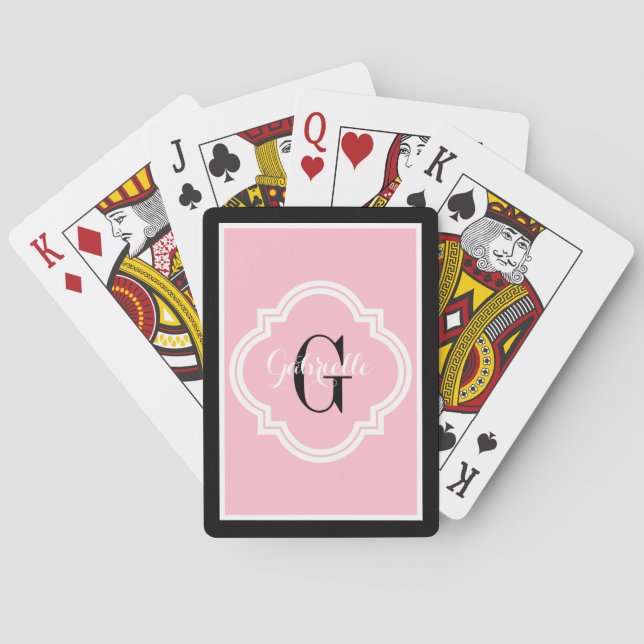 Chic Elegant Pink and Black Monogram Poker Cards (Back)