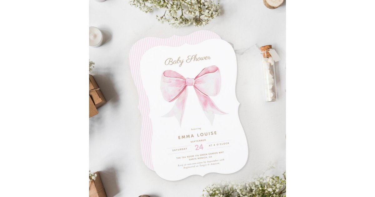 Chic Elegant Pink Coquette Bow Baby Shower Girl Invitation | Zazzle