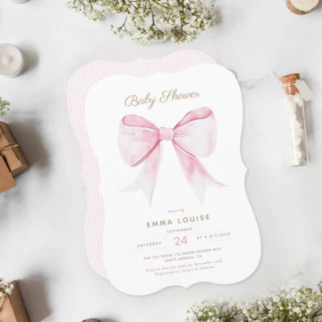 Chic Elegant Pink Coquette Bow Baby Shower Girl Invitation | Zazzle