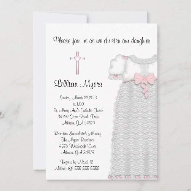 Chic Elegant Pink Cross Baptism/Christening Invitation (Front)