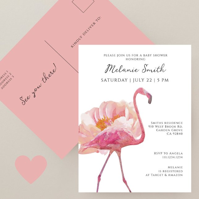 Chic Elegant Pink Flamingo Minimalist Baby Shower Postcard (Creator Uploaded)