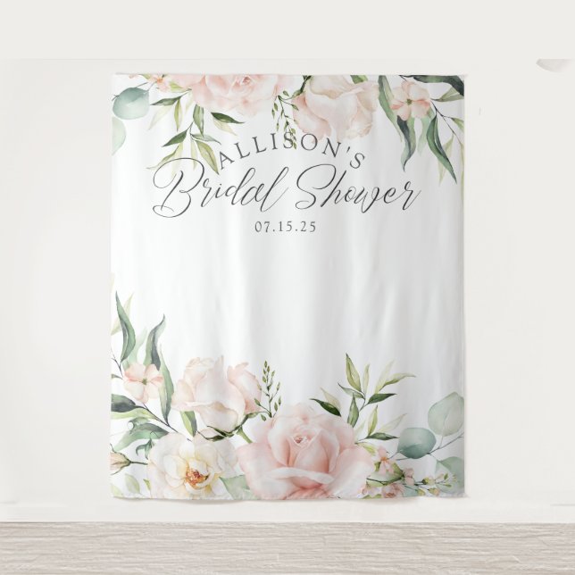 Chic elegant pink floral bridal shower backdrop (Front)