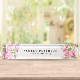 Chic Elegant Pink Floral Desk Name Plate