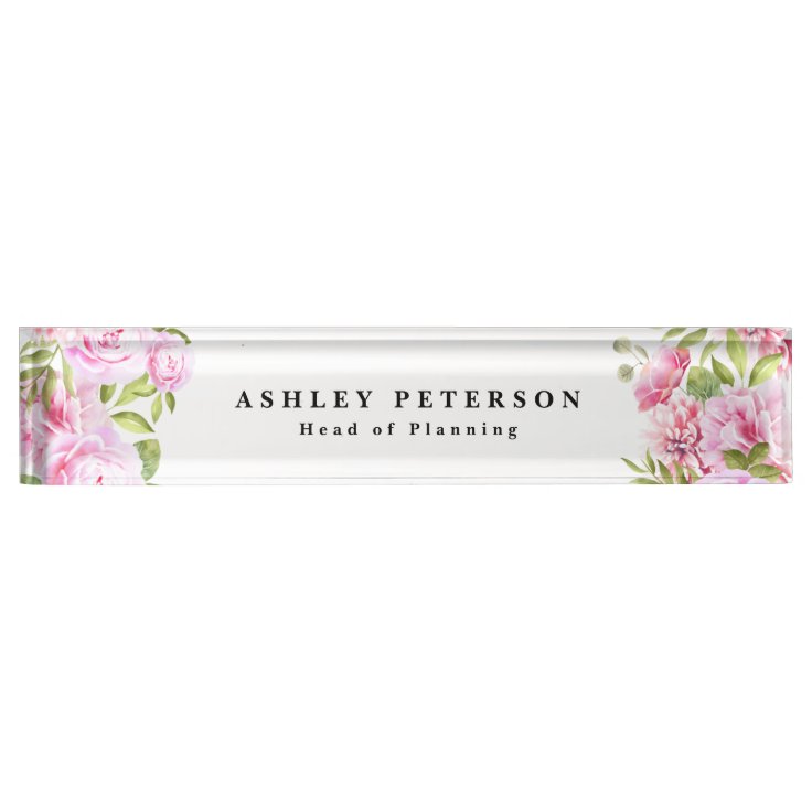 Chic Elegant Pink Floral Desk Name Plate | Zazzle