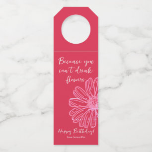 Chic Elegant Pink Flower Happy Birthday Wine Bottle Hanger Tag