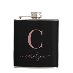 Chic Elegant Pink Rose Gold Monogram Script Flask