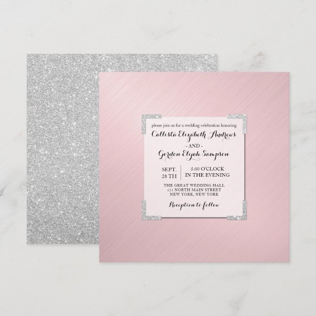 Chic Elegant Pink Silver Glitter Metallic Wedding Invitation (Front/Back)