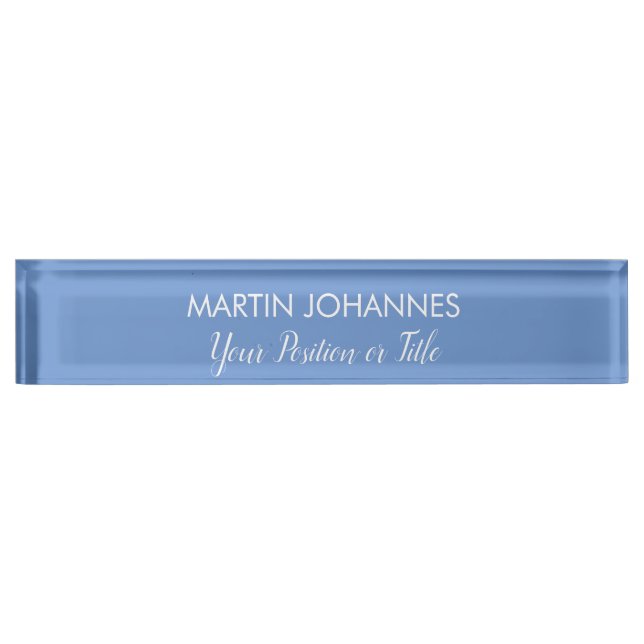 Chic Elegant Plain Stylish Blue Minimalist Desk Name Plate (Front)