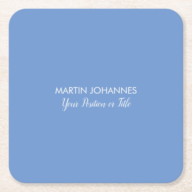 Chic Elegant Plain Stylish Blue Minimalist Square Paper Coaster (Front)