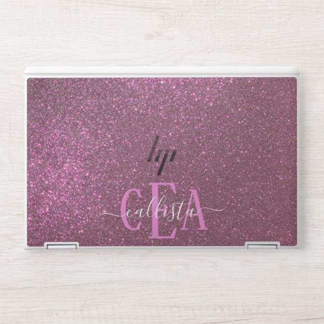 Chic Elegant Plum Purple Sparkly Glitter Monogram HP Laptop Skin (Front)