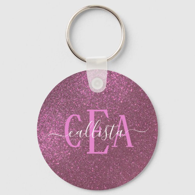 Chic Elegant Plum Purple Sparkly Glitter Monogram Keychain (Front)