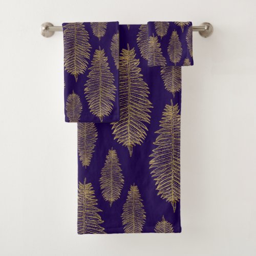 Chic Elegant Purple And Gold Fern Leaf Pattern Bath Towel Set
