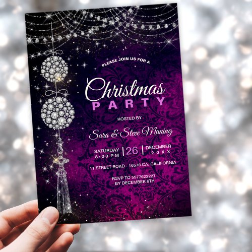 Chic elegant purple magenta ornaments Christmas Invitation