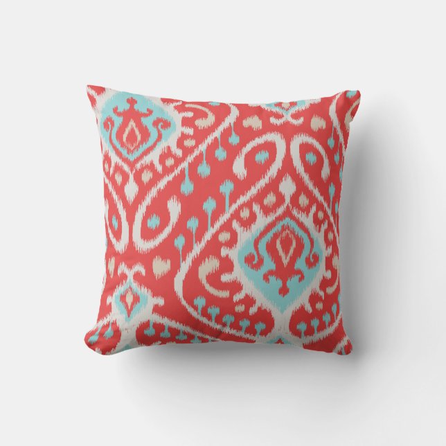 Chic elegant red and turquoise tribal ikat print throw pillow (Front)