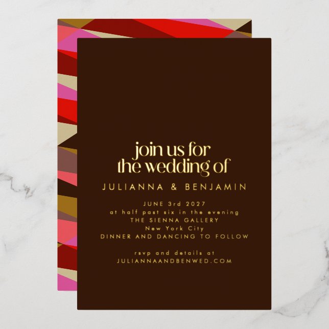 Chic Elegant Red Brown Geometric Wedding Gold Foil Invitation (Front/Back)