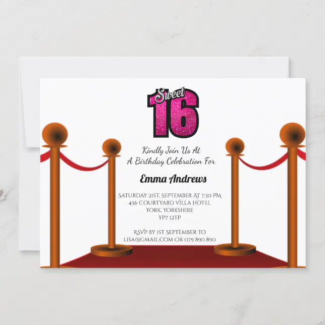 Chic Elegant Red Carpet Sweet 16 Party Invitation | Zazzle