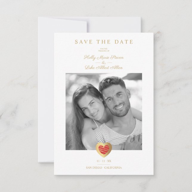 Chic Elegant Red & Gold Heart Photo Couple Wedding Save The Date (Front)