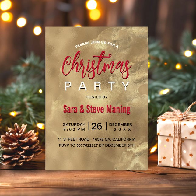 Chic elegant red gold marble art Christmas  Invitation (Creator Uploaded)
