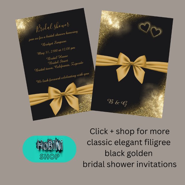 chic elegant ribbon black golden bridal shower invitation (classic elegant filigree black golden bridal shower invitation)