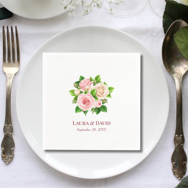 Chic Elegant Romantic Blush Pink Rose Wedding Napkins (Chic elegant blush pink rose napkins add romantic charm to wedding tables.)