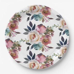 Chic Elegant Romantic Dark Rose Wedding Paper Plates