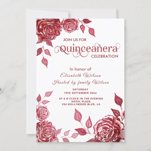 Chic elegant romantic red roses  Quinceaera  Invitation