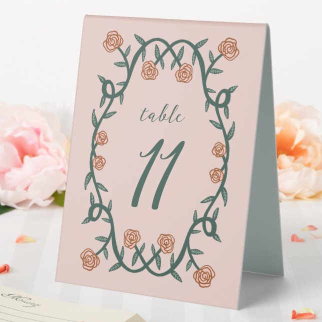 Chic Elegant Rose Frame Botanical Floral GreenPink Table Tent (In SItu (Wedding))