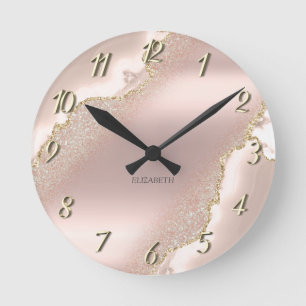 Chic Elegant Rose Gold Glitter Marble Round Clock