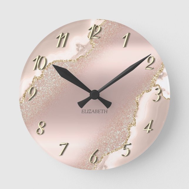 Chic Elegant Rose Gold Glitter Marble   Round Clock (Front)