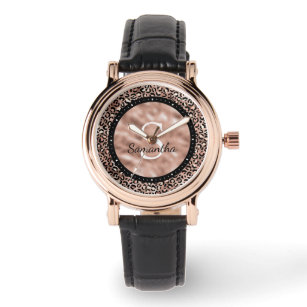 Chic Elegant Rose Gold Leopard Print Name Monogram Watch