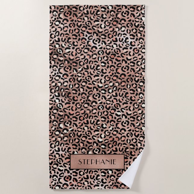 Chic Elegant Rose Gold Leopard Print Personalized Beach Towel (Front)
