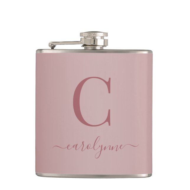 Chic Elegant Rose Gold Monogram Script Flask (Front)
