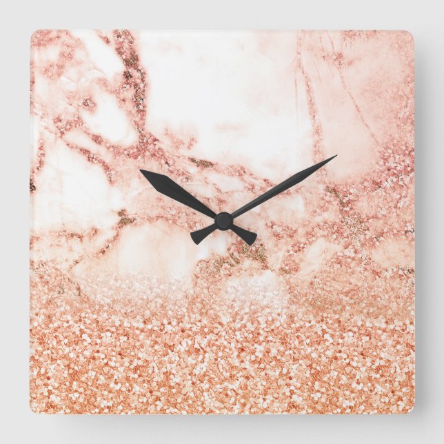 Chic Elegant Rose Gold Ombre Glitter Marble Square Wall Clock (Front)