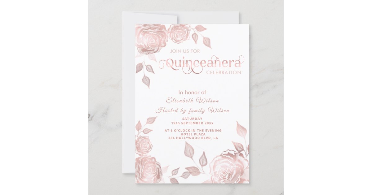 Chic elegant Rose Gold roses Quinceañera Invitation | Zazzle