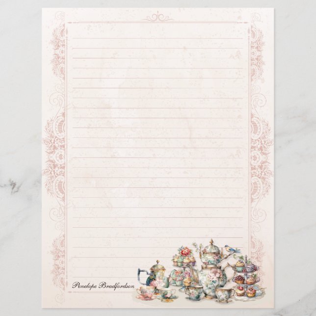 Chic Elegant Rose Themed High Tea Lined Stationery (Front)