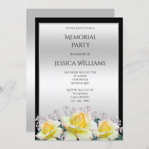 Chic Elegant Roses Silver Memorial Party Invitation