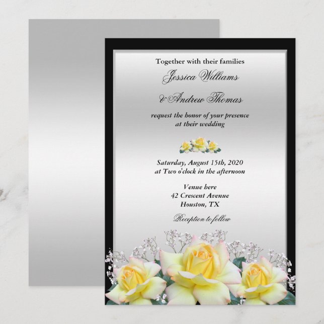 Chic Elegant Roses Silver Wedding Invitation (Front/Back)