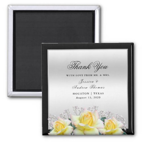 Chic Elegant Roses Silver Wedding Thank You Favor Magnet