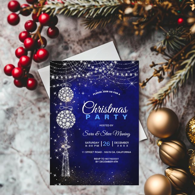 Chic elegant royal blue ornaments Christmas Invitation (Creator Uploaded)