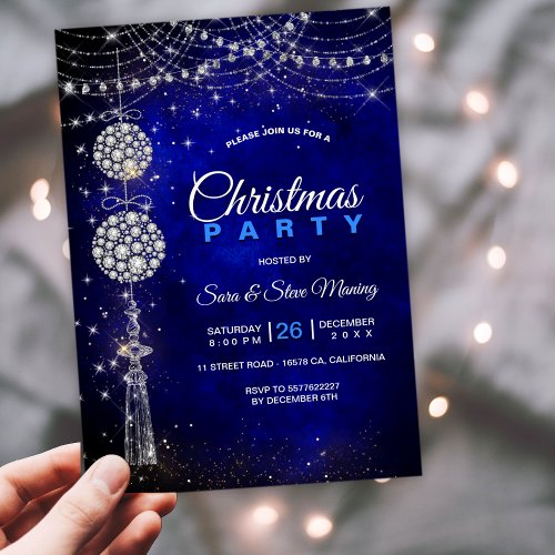 Chic elegant royal blue ornaments Christmas Invitation
