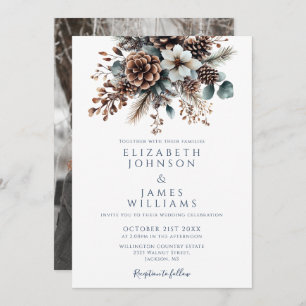 Chic Elegant Rustic Floral Pinecone Photo Wedding Invitation