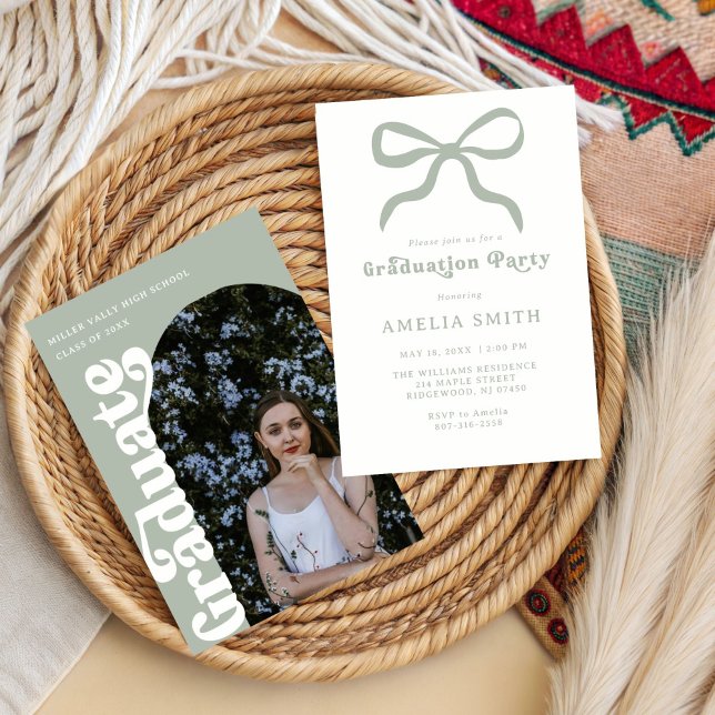 chic Elegant sage Green bow Graduation Party  Invitation (Creator Uploaded)