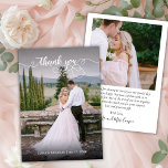 Chic Elegant Script 2 Photo Wedding Thank You Card<br><div class="desc">Modern Elegant Chic Calligraphy Script Wedding 2 Photo Thank You Card. Modern Stylish wedding thank you template featuring a full vertical photo on the front with the text "Thank You" in a whimsical swirly hand lettering typography swash tail font script in white overlay on the picture. 2-sided card with 2...</div>