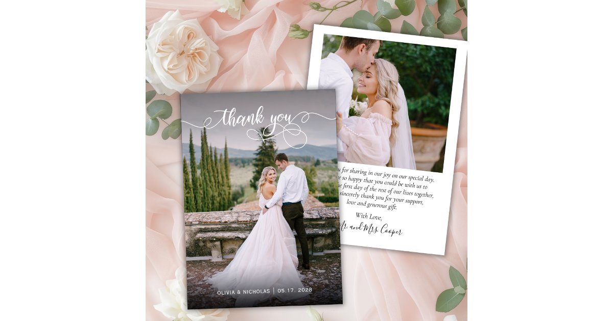 Chic Elegant Script 2 Photo Wedding Thank You Card | Zazzle