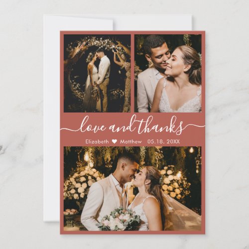 Chic Elegant Script 3 Photo Collage Wedding Thank You Card