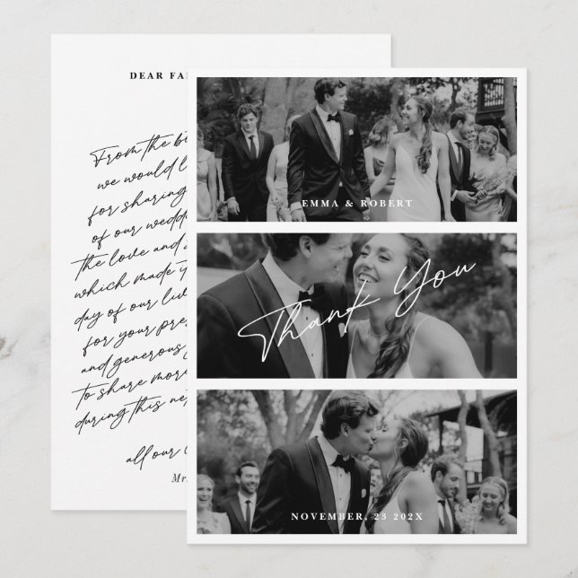Chic Elegant Script 3 Photo Wedding Thank You Card (Front/Back)