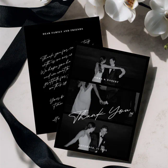 Chic Elegant Script Black 3 Photo Wedding Thank You Card | Zazzle