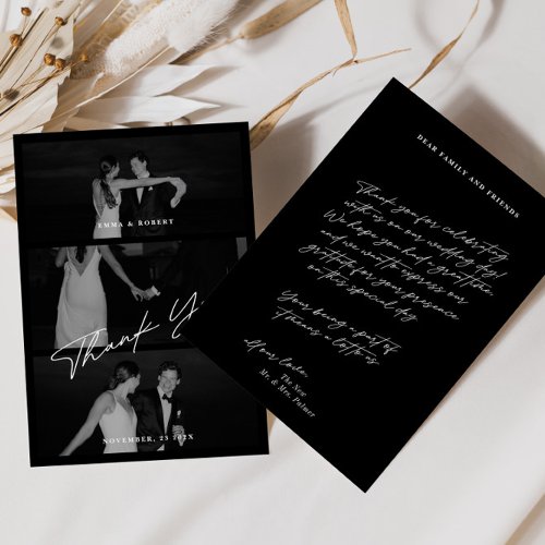 Chic Elegant Script Black 3 Photo Wedding Thank You Card