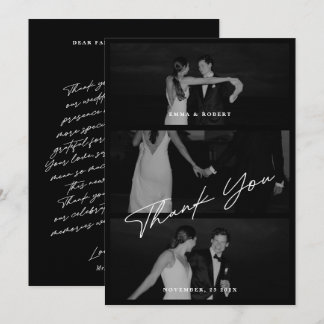 Chic Elegant Script Black 3 Photo Wedding Thank You Card