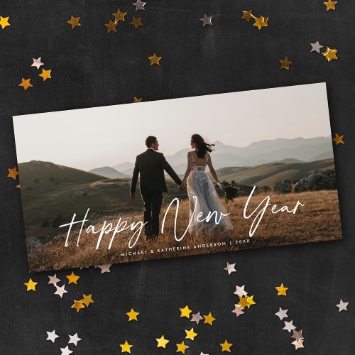 Chic Elegant Script Happy New Year Panoramic Photo Holiday Card